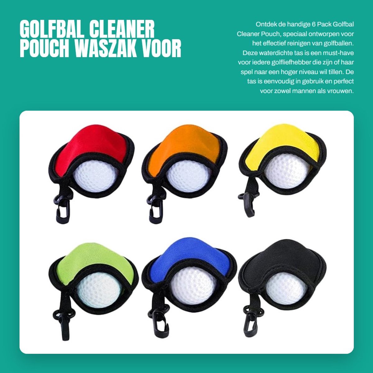 Dailygoods- Golfbalwaszak 6-Pack - Waterdichte Tas - Waszak met Karabijnhaak - Golfbal Cleaner - Ideaal Cadeau voor Golfliefhebbers - Klein Formaat - Golfbalreiniger