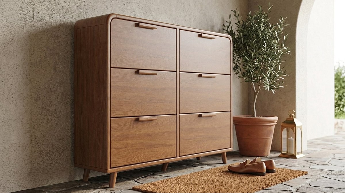 Schoenenkast 120 cm smal – House&Garden extra brede houten schoenenkast met 3 inklapbare lades & verstelbare plank – grote ruimtebesparende schoenenkast voor hal & entree – 120x17x118 cm Art Deco design