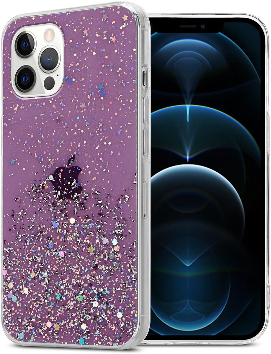 Cadorabo Hoesje geschikt voor Apple iPhone 12 / 12 PRO in Paars met Glitter - Beschermhoes van flexibel TPU silicone met fonkelende glitters Case Cover Etui
