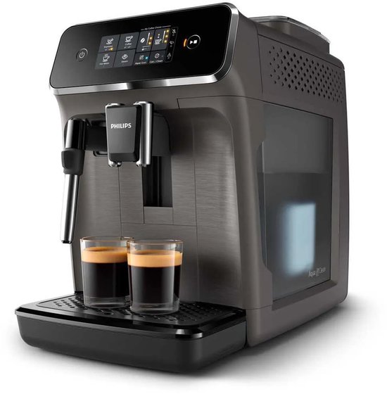 Donkergrijs Philips volautomatische espressomachine met twee glazen espresso, rechts de waterreservoir.