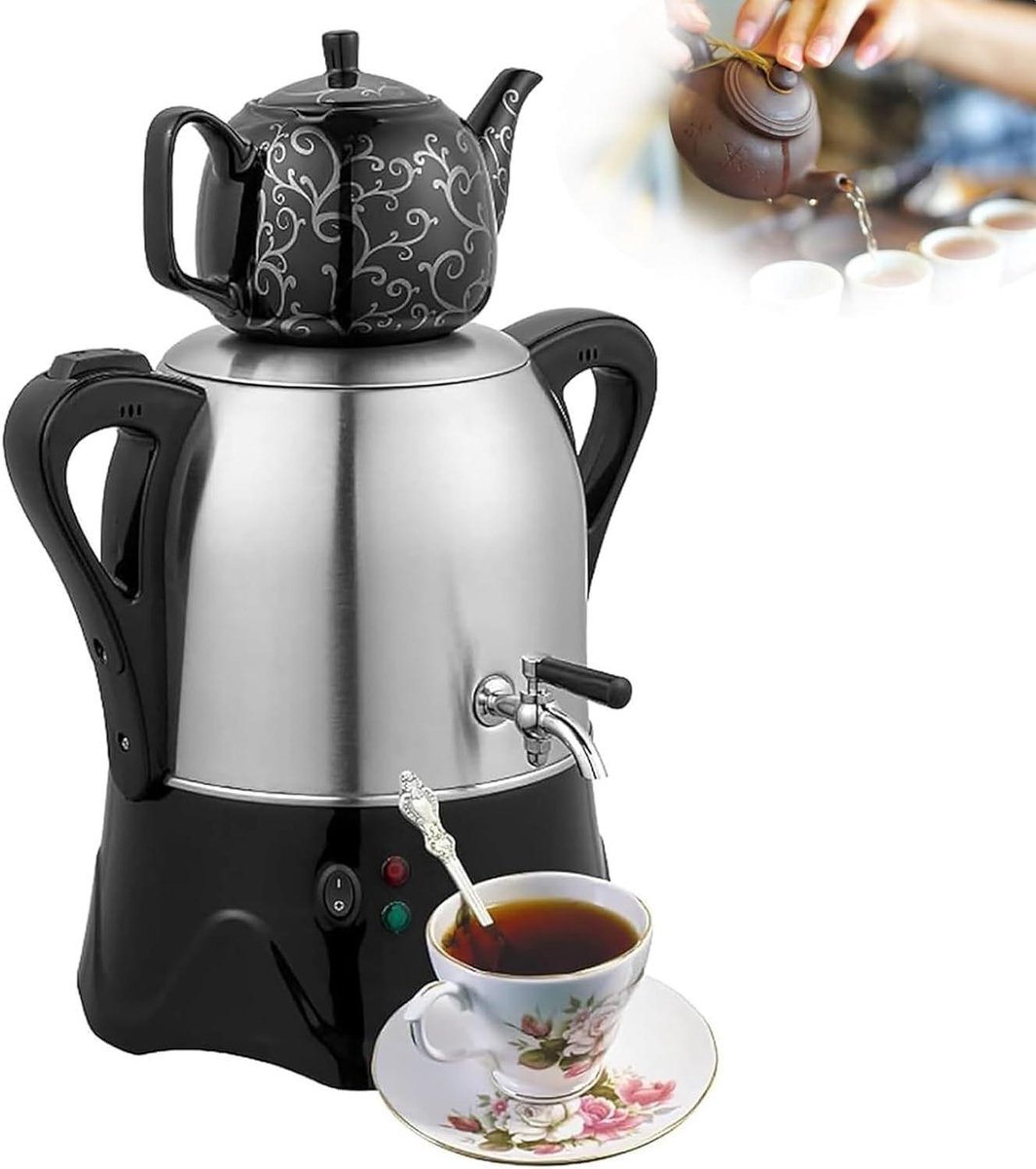 Elektrische Theemaker - Dubbele Ketel - Authentieke Thee - Automatische Verwarming - 3L + 1L - Zilver