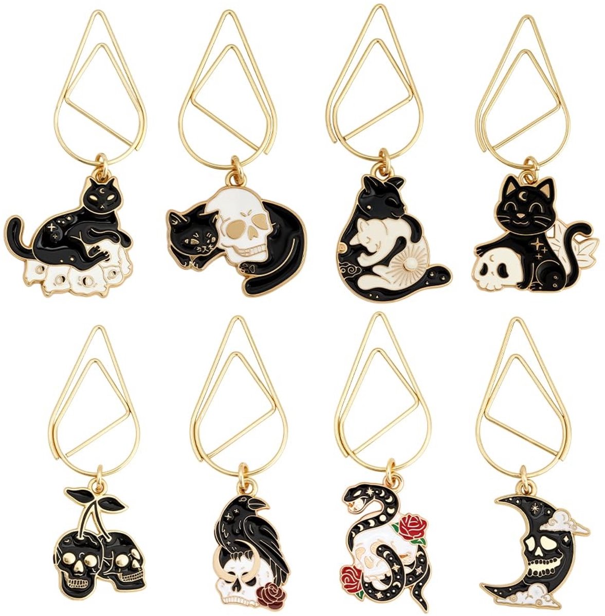 Dailygoods- Bladwijzers 8 Stuks - Horror Kat/Schedel Ontwerp - Vintage Maan/Herfst Bloemen - Paperclips/Geschenken - Uniek Cadeau - Boekenleggers