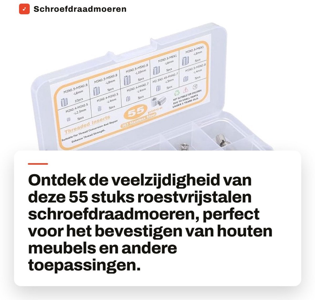 Dailygoods- Schroefdraadmoeren 55 Stuks - Roestvrij Stalen Inzetmoeren - M2/M2,5/M3 - Inclusief Opbergdoos - Geschikt voor Houten Meubels - Diverse Maten