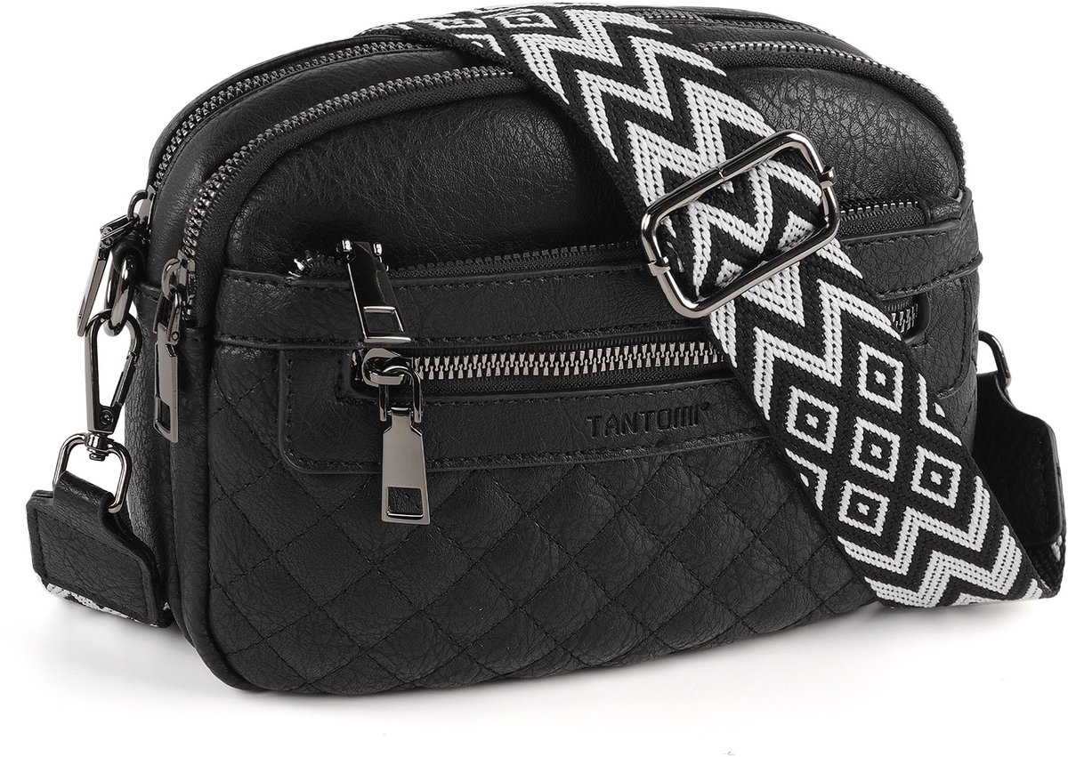 TANTOMI - Schoudertas Dames - Crossbody Tas met Zachte Brede Band - met Meerdere Ritsen - Klein handtas dames - Zwart