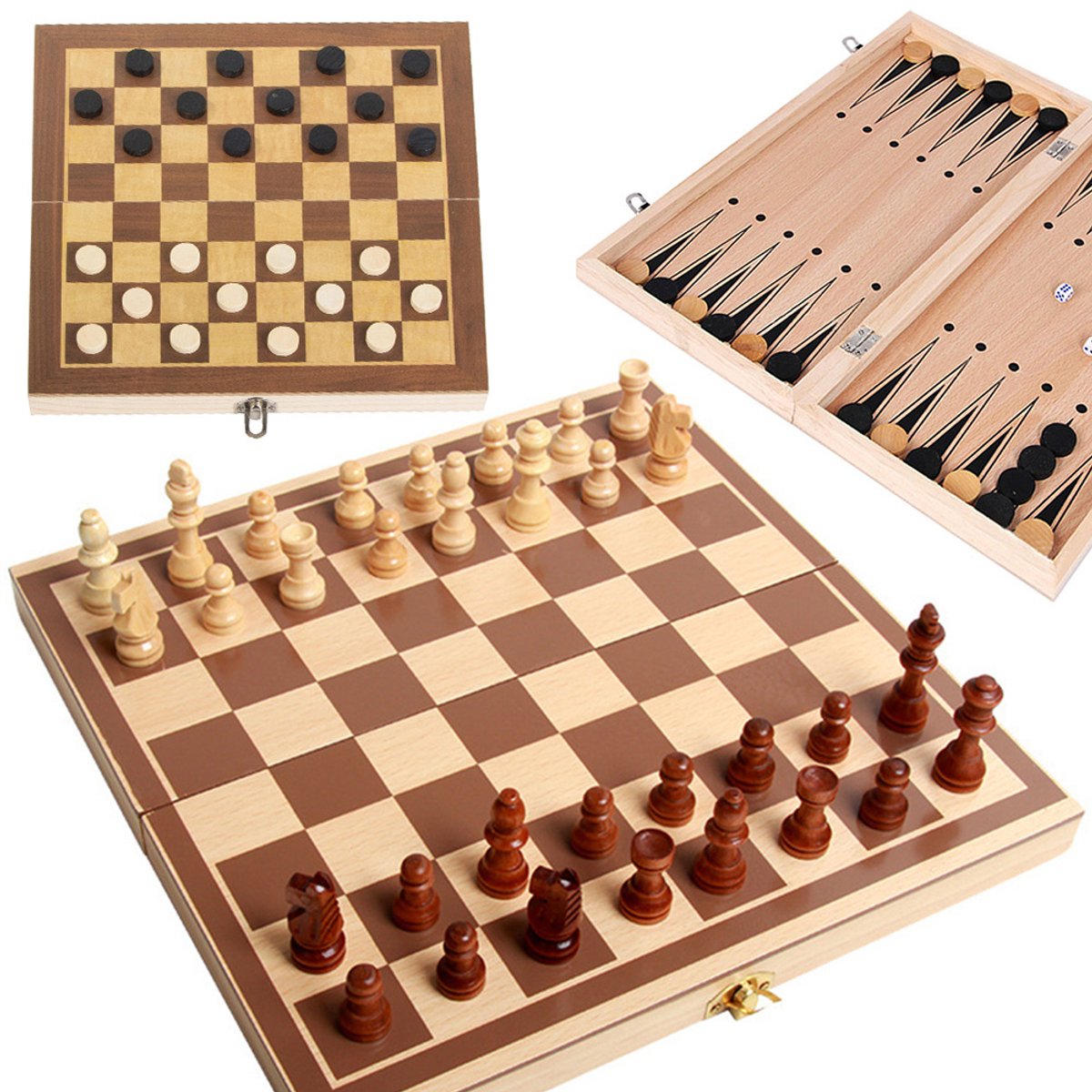 3-in-1 Schaakspel Hout – Schaken, Dammen & Backgammon Set – Opvouwbaar Bordspel