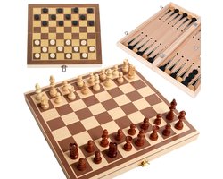3-in-1 Schaakspel Hout - Schaken, Dammen & Backgammon Set