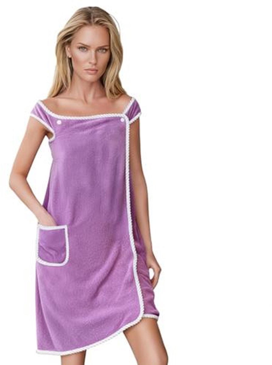 BILMU Draagbare badjas 80 x 145 cm - Sneldrogende badhanddoek met zakken en knopen - Voor douche, spa, zwembad - Lichtpaars