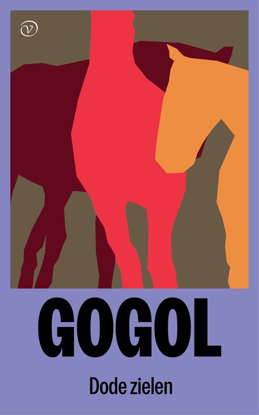 Boek "Dode zielen" met abstracte afbeelding van drie paarden in rood, oranje en bordeauxrood.