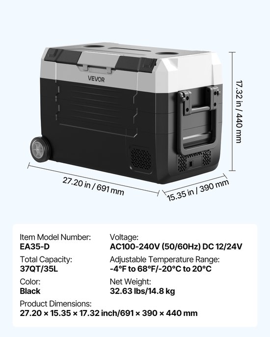VEVOR Auto Kofferkooier, DC 12/24V AC100-240V Compressor Elektrische Cooler, -20°C tot 20°C Truck Kooier met APP Bediening, Rijwielen & Dubbele Zone, 35L Auto Cooler voor RVs, Boten, Camping, Vissen van Vevor — afbeelding 3