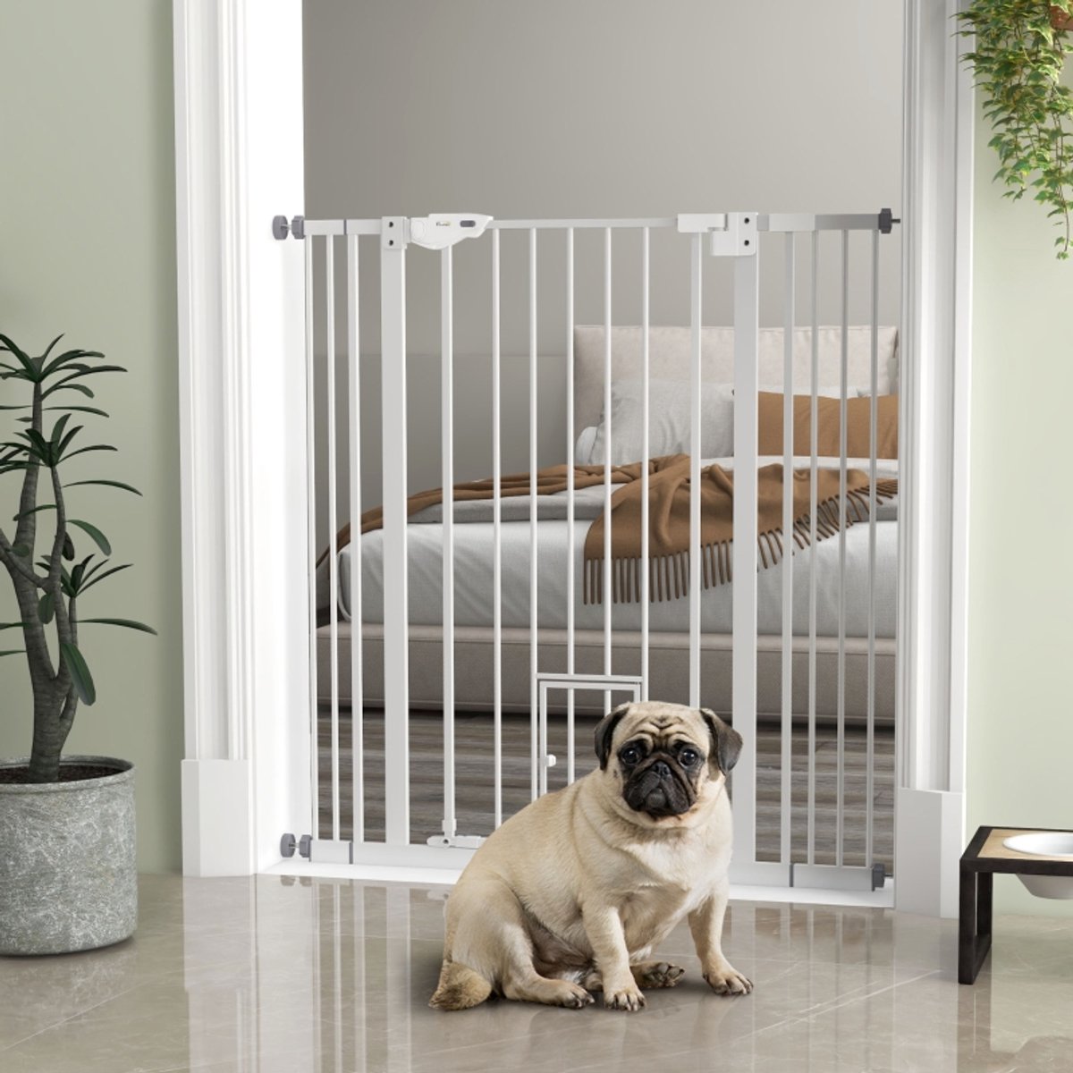 Hondenhek – Dubbele Vergrendeling – 74-101 x 104,1 cm – Staal – Wit – Zelfsluitende Deur met Kattenluik