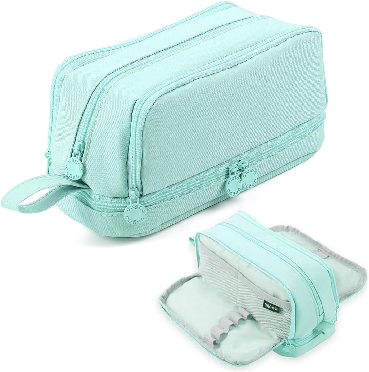 SnelShoppen - Grote Capaciteit Pennen Etui met 3 Vakken voor Jongens en Meisjes - School, Kantoor, Make-up - Groen - 22x9.5x10 cm - Ideaal voor 100+ K
