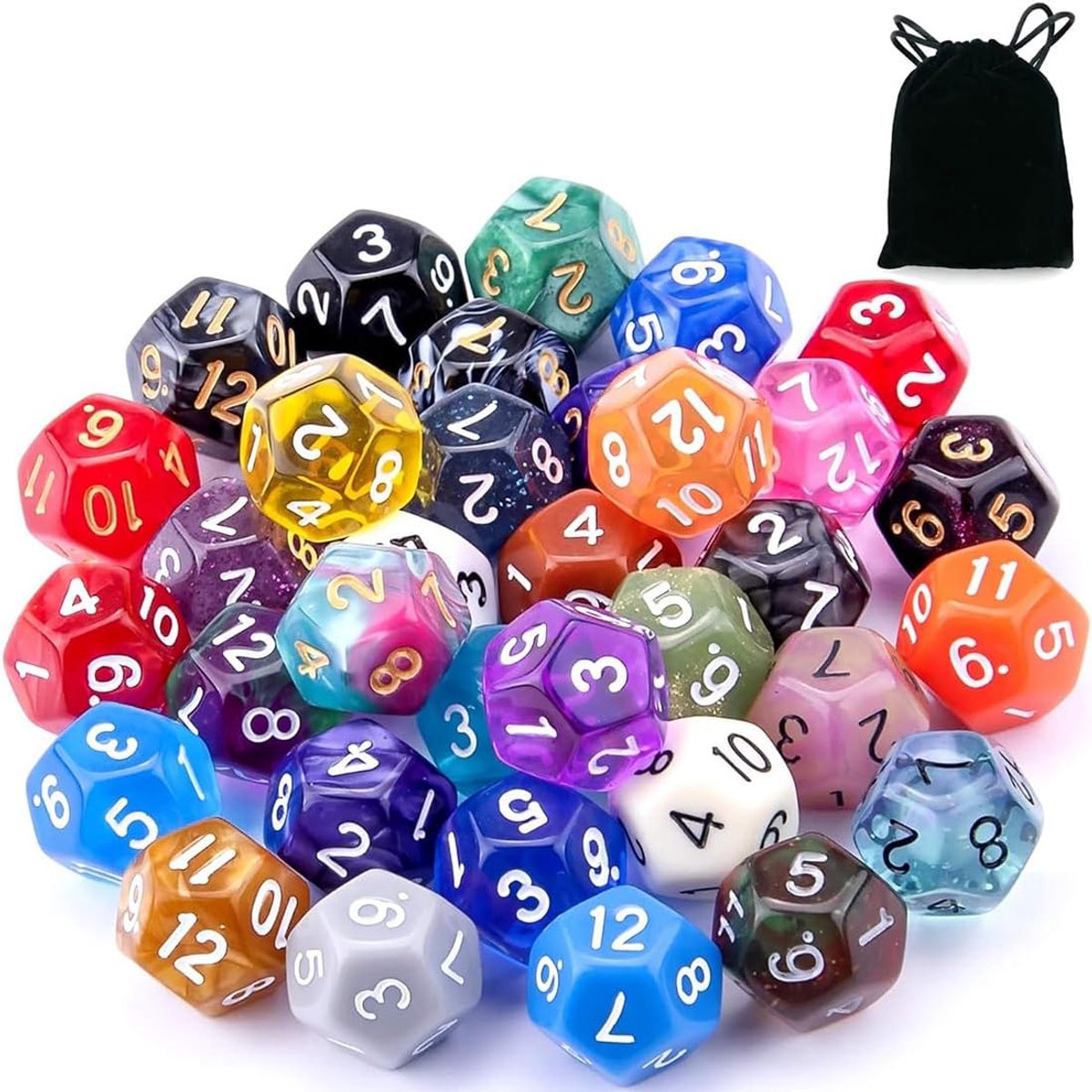 Thijox - 21 polyedrische D12 dobbelstenen set met 1 tas voor DND, RPG, bordspellen, feest, vrienden en familie, kleurrijk en duurzaam
