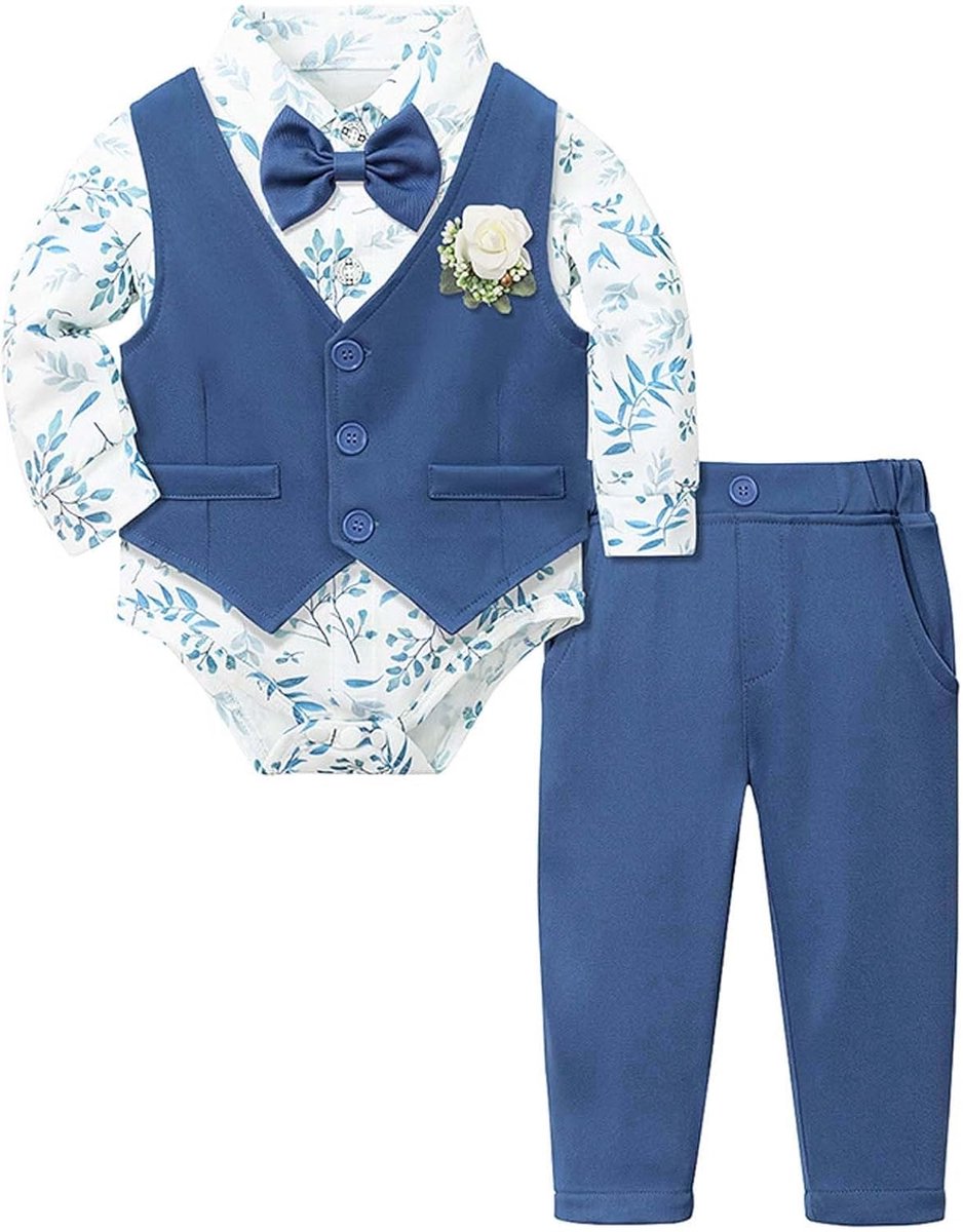 SnelShoppen - Baby Jongens Kleding Pakken - Formele Outfits met Hemd, Vest & Broek - Gentleman Set voor 6-12 maanden - Blauwe Babyset voor Feestelijke