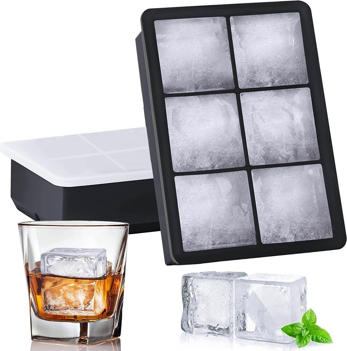 SnelShoppen - Siliconen IJsblokjesvormen 2 stuks - Grote Vierkante IJsblokjes met 6 Holtes en Morsbestendig Deksel - XL IJsblokjes voor Whisky, Cockta