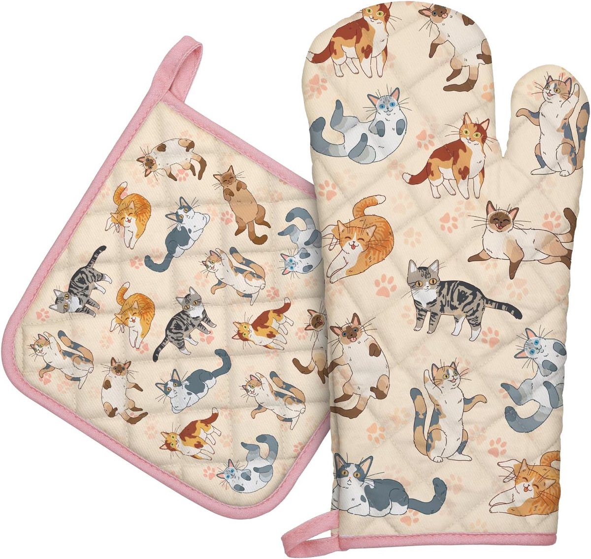 SnelShoppen - Cat Ovenwanten en Pannenlappen Set 2 Stuks, 100% Katoen, Hittebestendig, Extra Lange Ovenhandschoenen voor Keuken, Koken, Bakken, Housew
