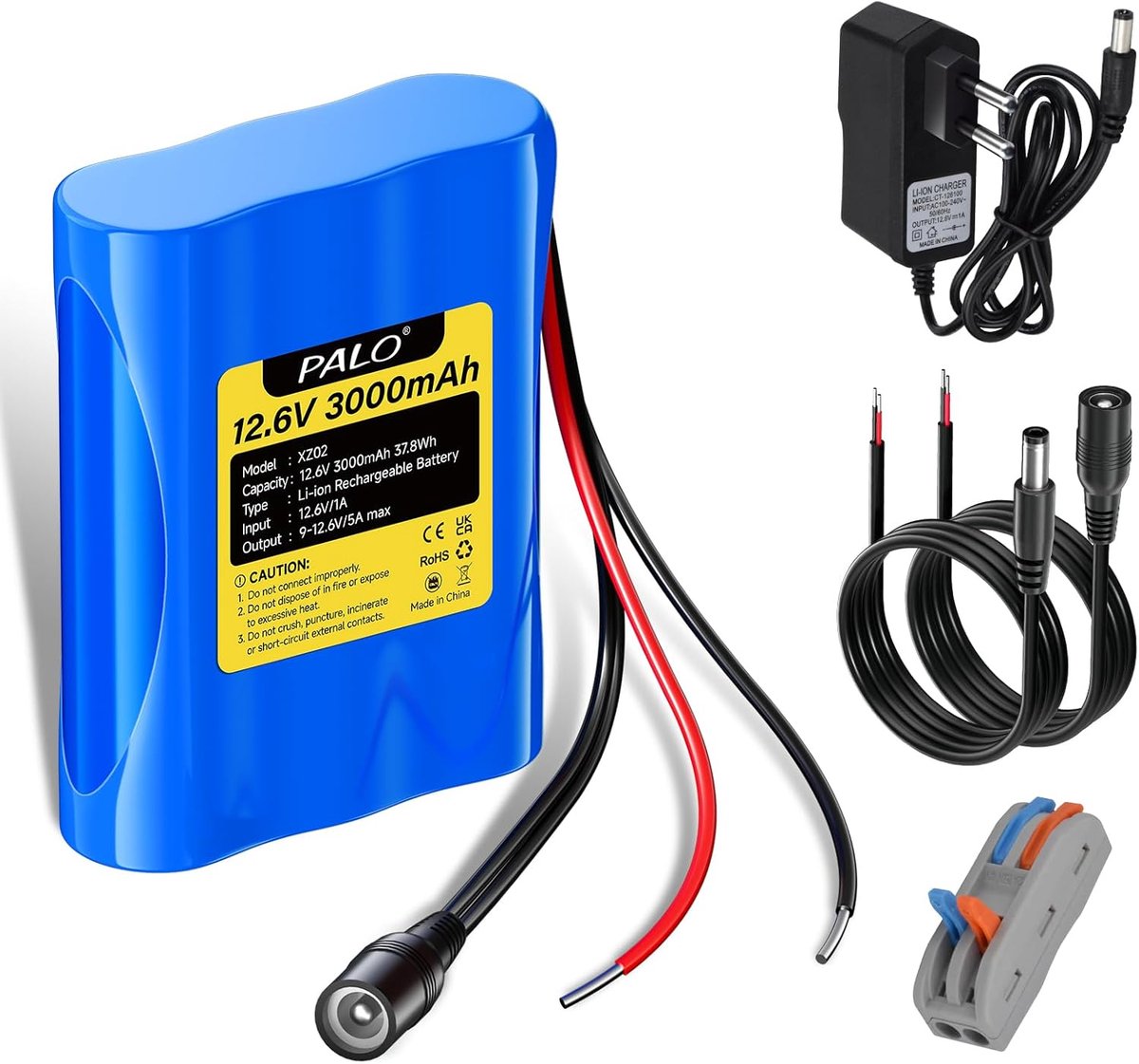 SnelShoppen - 12.6V 3000mAh Lithium Ion Accu met Oplader & 2 Aansluitkabels voor Zonnepaneel, Radio, Camera's, Videocamera's, Elektronische Orgel, DIY