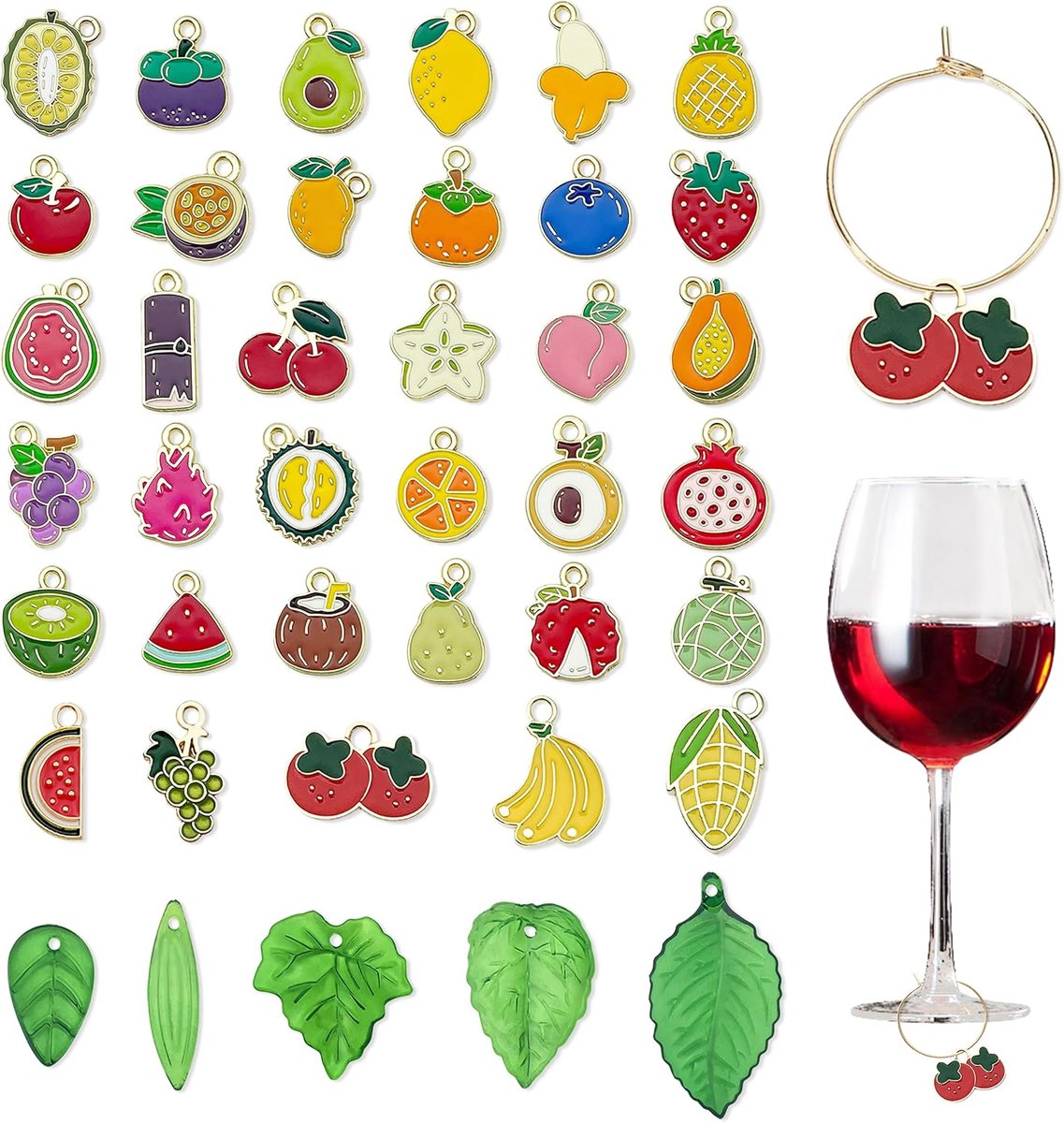 SnelShoppen - 40 Stuks Wijnglas Charms Multi-Kleur Met Fruit en Bladontwerpen, Wijn Glasmarkers Voor Cocktails en Wijnproeverijen op Feesten