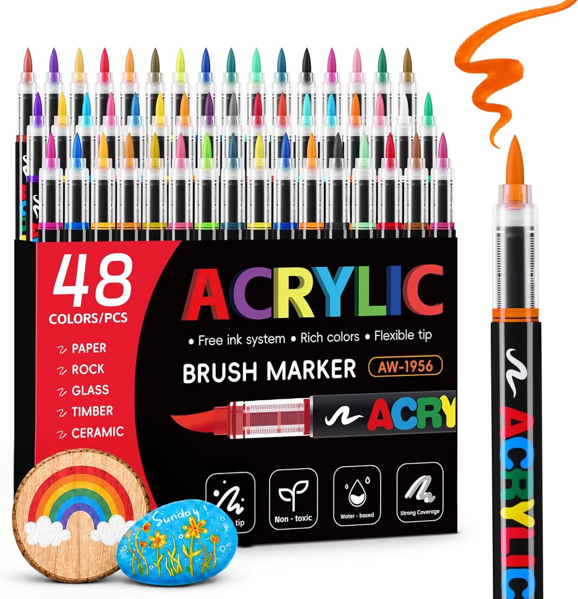 SnelShoppen - Acryl Verf Stiften 48 Kleuren - Waterbasis Kunst Stiften met Automatisch Inkt Controle Systeem - Perfect voor Rock Painting, Keramiek, M