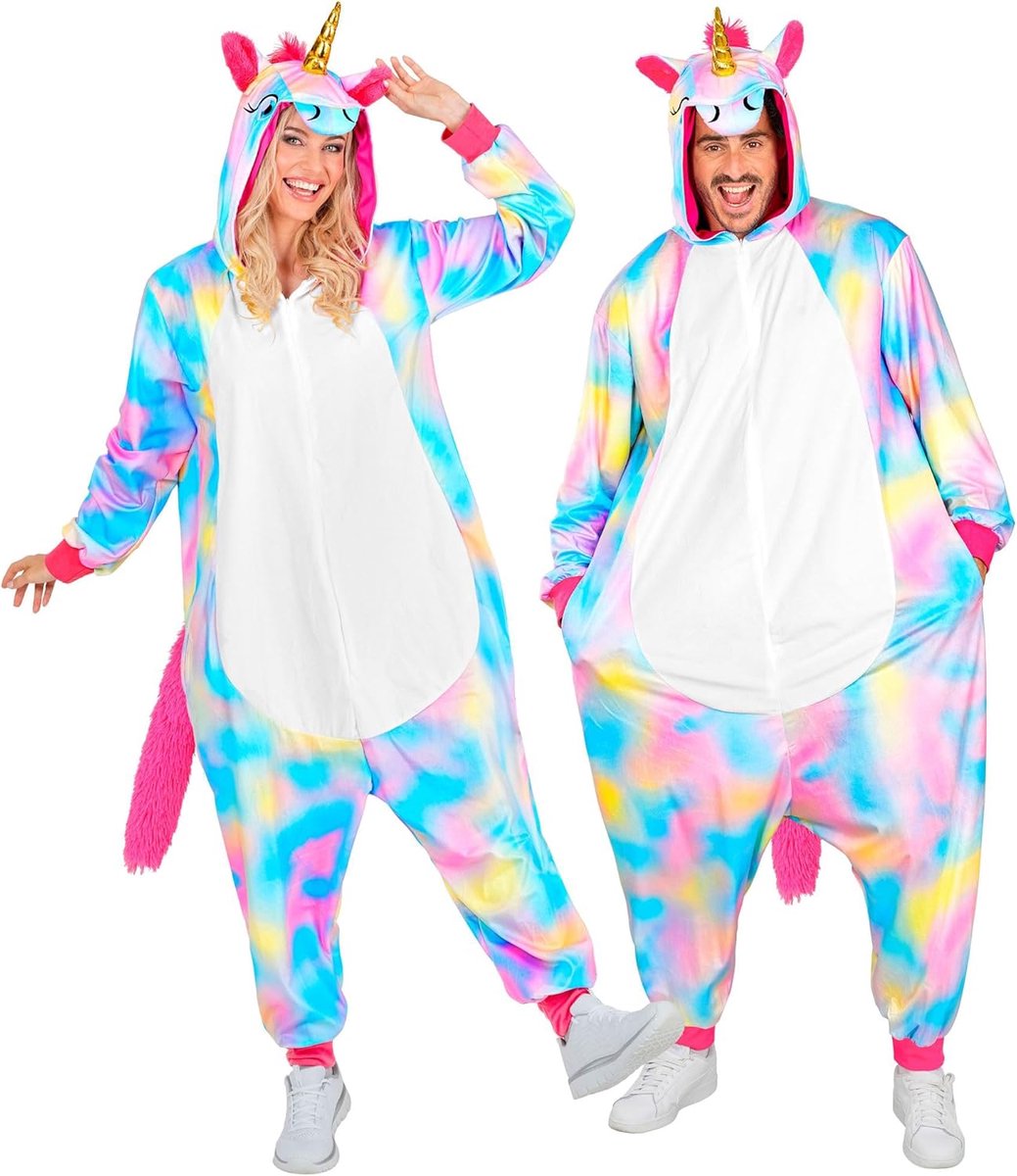 SnelShoppen - Eenhoorn-jumpsuit voor volwassenen, kleurrijke pluche overall met capuchon, uniseks L/XL, geschikt voor carnaval en themafeestjes