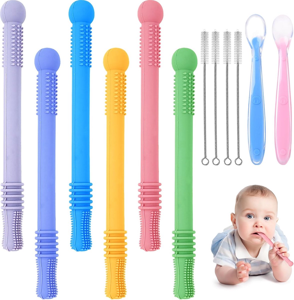 SnelShoppen - Vicloon Bijtringen voor Baby's, 12 Stuks Siliconen, 6 Stuks Tandhulpmiddelen met 2 Baby Lepels + 4 Schoonmaakborstels voor Baby's 6-12 M