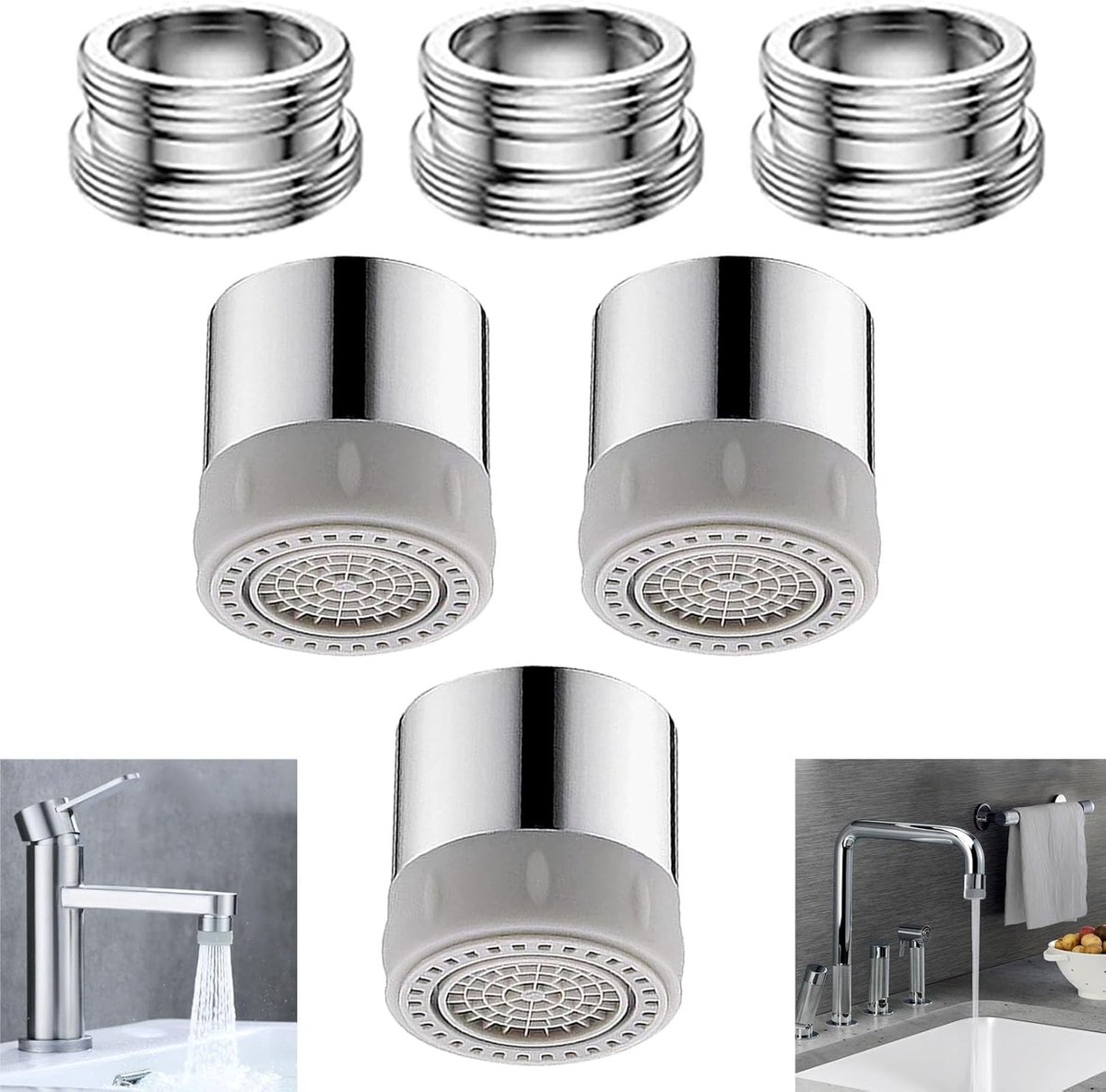 SnelShoppen - Aerator voor Kranen met 2 Wateruitstroom Modi, 3 Stuks M22 Filter voor Keuken en Badkamer, Spatbestendige Kraanaccessoire, Keuken Tap Sp