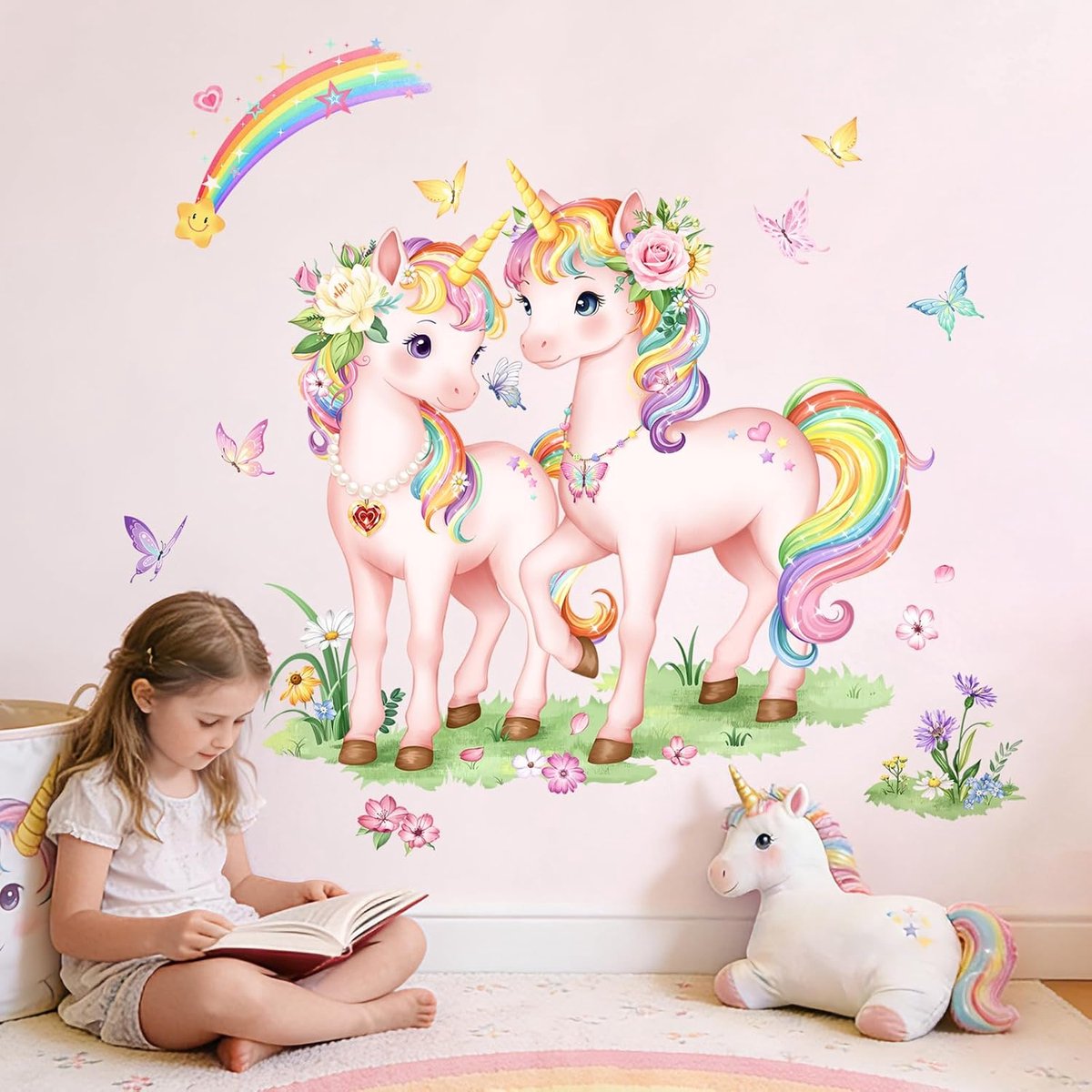 SnelShoppen - Unicorn Wanddecoratie Wandstickers voor Kinderen - Regenboog Eenhoorn Muurstickers met Bloemen en Vlinders - Verwijderbare Vinyl Wanddec