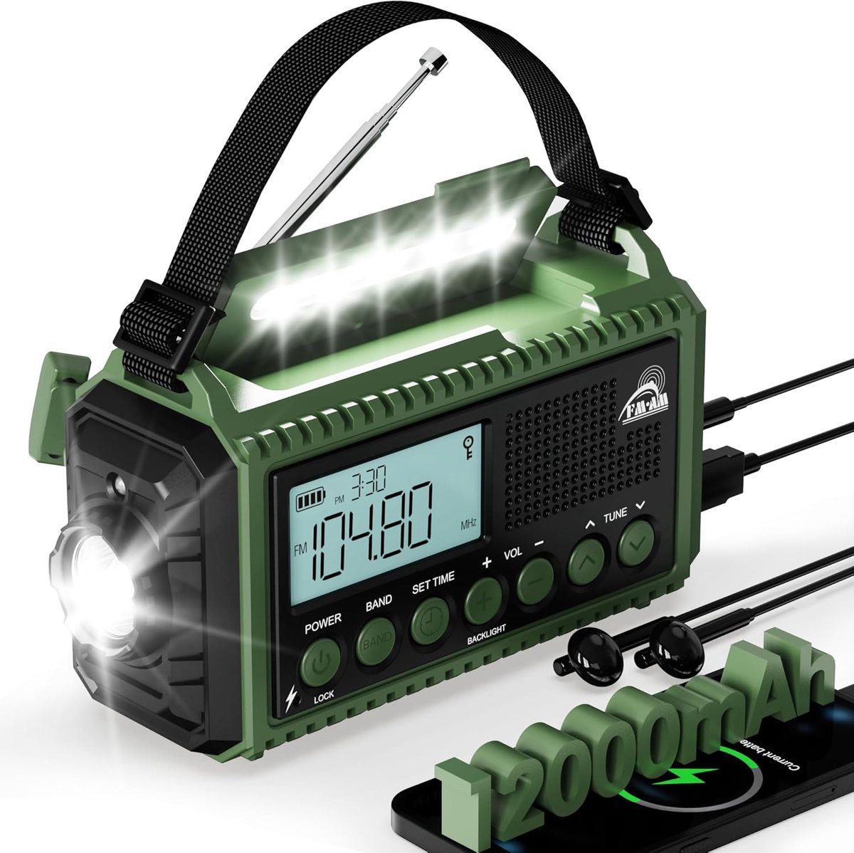 SnelShoppen - 12000mAh Crank Radio, Zonnepaneel & Crank Noodradio, Draagbare AM/FM Wereldzender, Inclusief Zaklamp & Leeslamp, USB Oplaadbaar, SOS Ala
