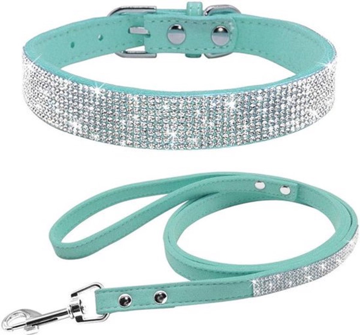 Oogverblindend sprankelende elegante chique zachte suède bling strass kristal juwelen huisdier / kat / hond / puppy halsband hondenriem combo set (S Blauw)