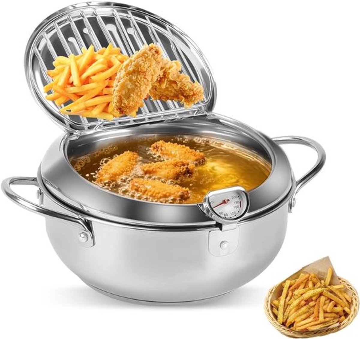 Kleine Frituur Pan - Mini Friteuse Diameter 21cm - Japanse Frituurpan - Friteuse 2.2 Liter - Met Thermometer - Frietpan - Frituurpan - Huisraad Friteuse - Chipfriteuse - Friteuse - Makkelijk Schoon Te Maken - Geschikt Voor Gas En Inductie - Zilver