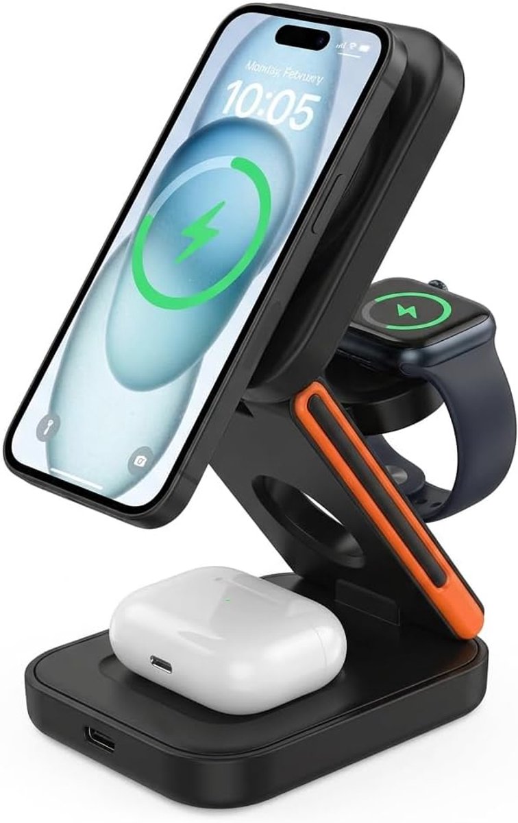 Thijox - Draadloze Oplader 3-in-1 Opvouwbaar Magnetisch Laadstation 15W voor iPhone 17/16/15/14/13/12, Apple Watch en AirPods Pro - Compact en Draagba