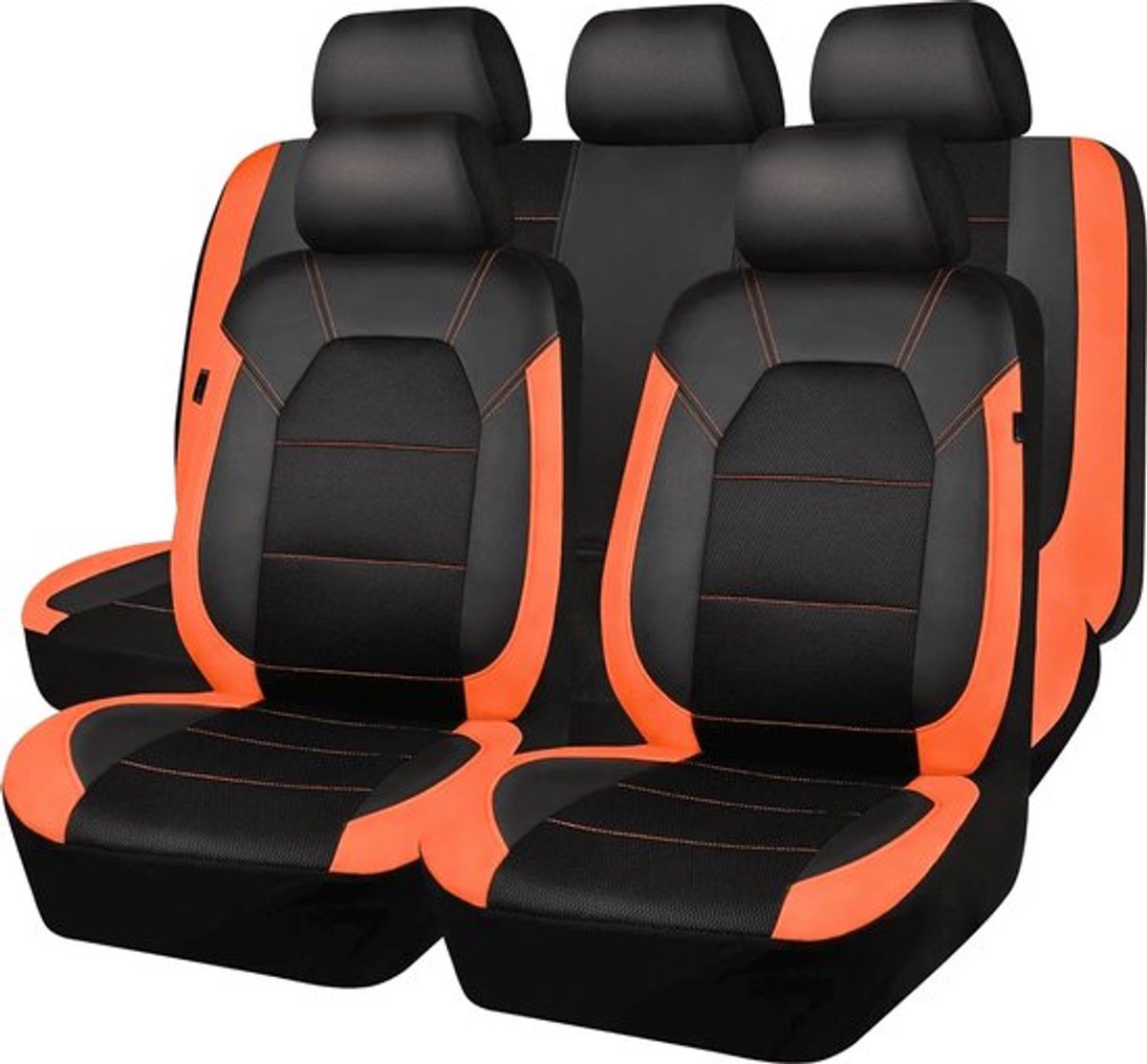 Leren stoelhoes, ademende universele autostoelhoes, complete set voor schattige meisjes, 5 mm composiet spons aan de binnenkant, compatibel met airbags, past op de meeste auto's, SUV's, vrachtwagens en bestelwagens (complete set, zwart en oranje)