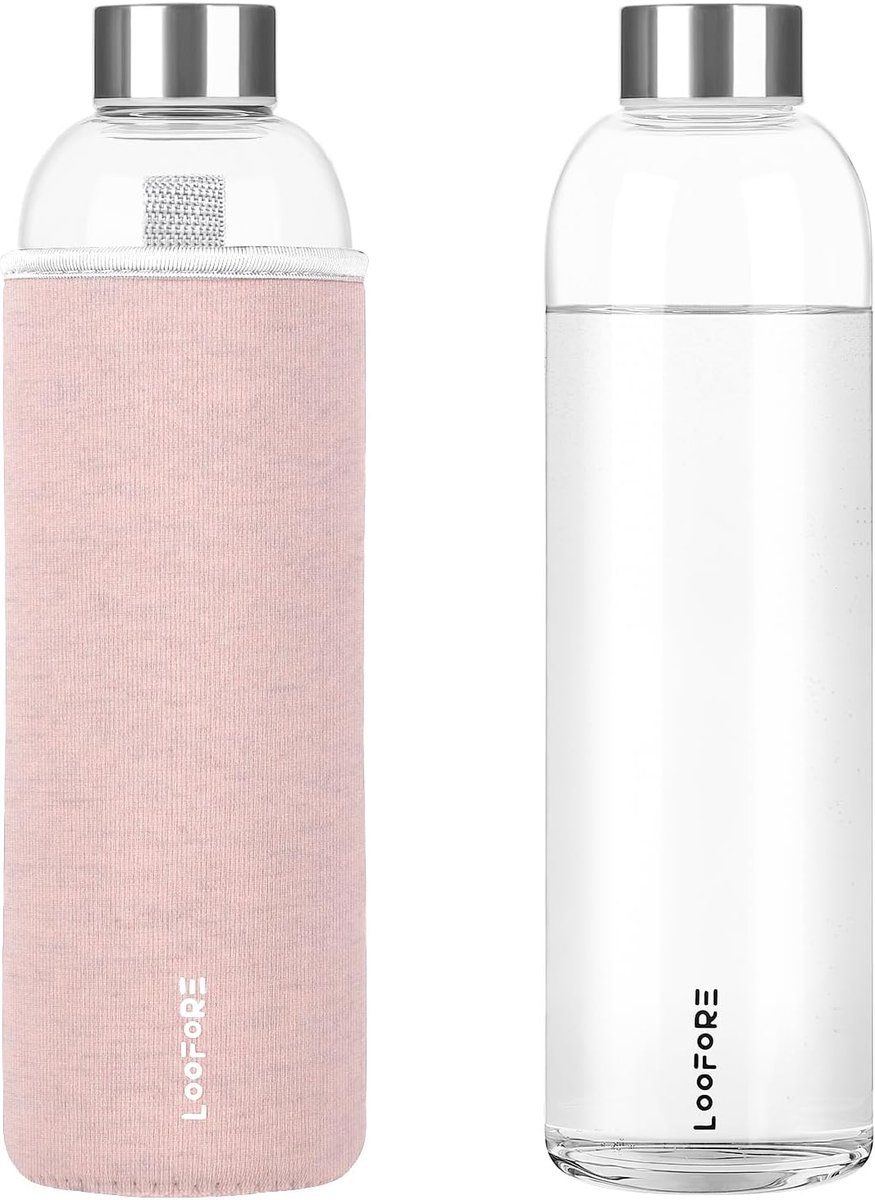Thijox - 1L/1000ml Classic Glazen Drinkfles - Draagbare BPA-vrije Waterfles voor Koude en Warme Dranken - Inclusief Neopreen Tas en Sponsborstel - Ide