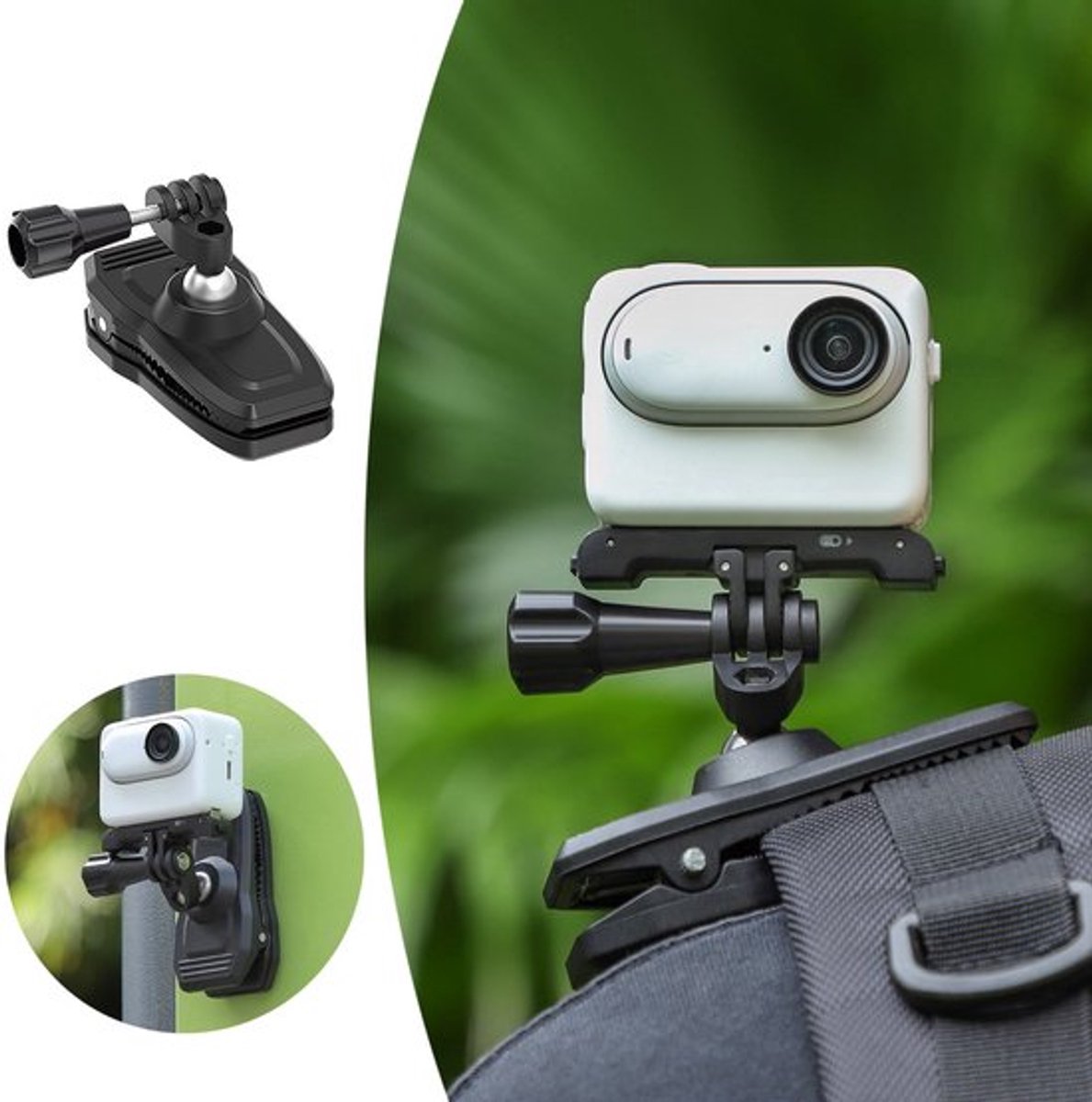 Camera-accessoires, een multifunctionele houder compatibel met GO3-actiecamera's, een duurzame rugzakclip geschikt voor diverse actiecamera's, waaronder de GO3-serie.