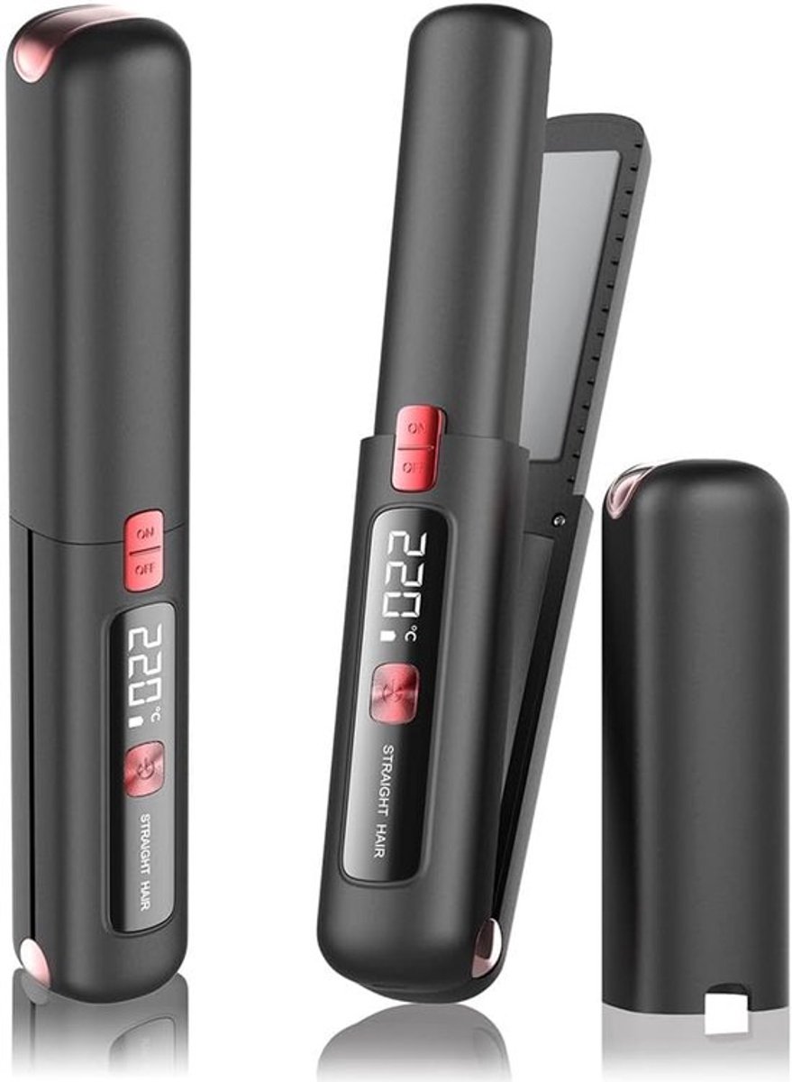 Stijltang - Krultang - Stijltang en krultang 2 in 1 - Draadloze stijltang en krultang 2-in-1 - Draagbare keramische stijltang - Lichtgewicht en klein - Oplaadbaar via USB - Met 4500mAh batterij - Snel opwarmen in 10 seconden - Voor op reis (zwart)