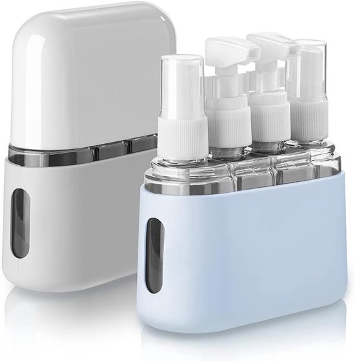 2-delige reisset met toiletartikelenflessen, reiscontainer, lekvrije reisaccessoires, met etiket en opbergdoos - lichtblauw + grijs