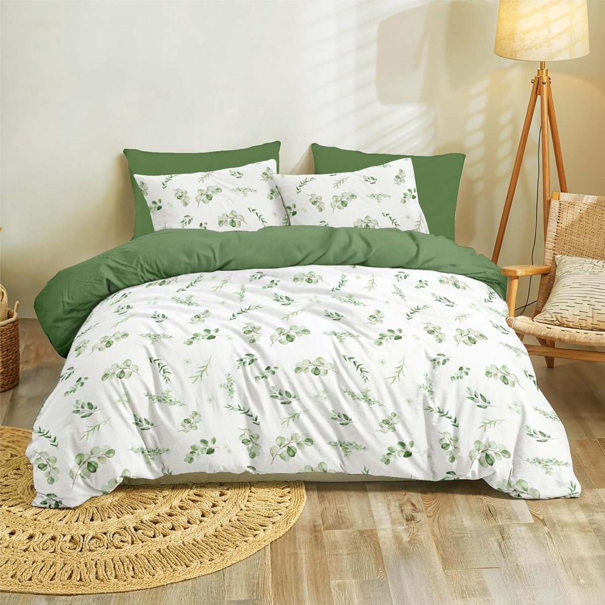 SnelShoppen - Dekbedovertrek 200x220 cm met Kussenslopen 80x80 cm, Saliegroen Botanisch Patroon, Oeko TEX Microvezel, 2-Persoons Bedlinnen, Ritssluiti