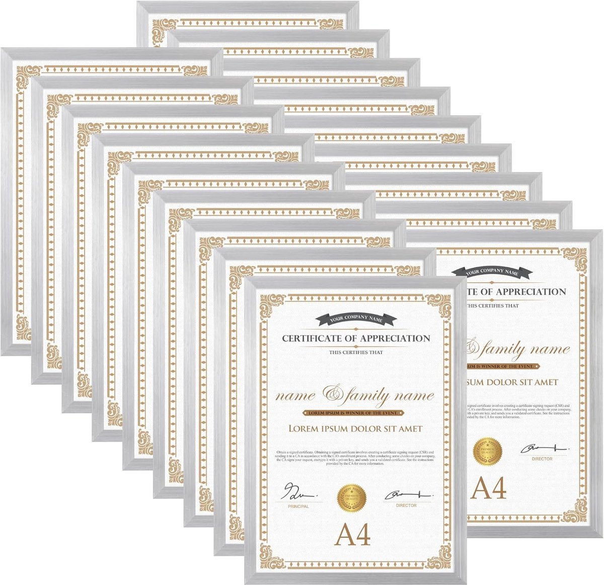 SnelShoppen - Set van 18 Zilveren Fotolijsten A4 - Luxe Documenten, Diploma's, Schilderijen, Ideaal voor Thuis en Kantoor
