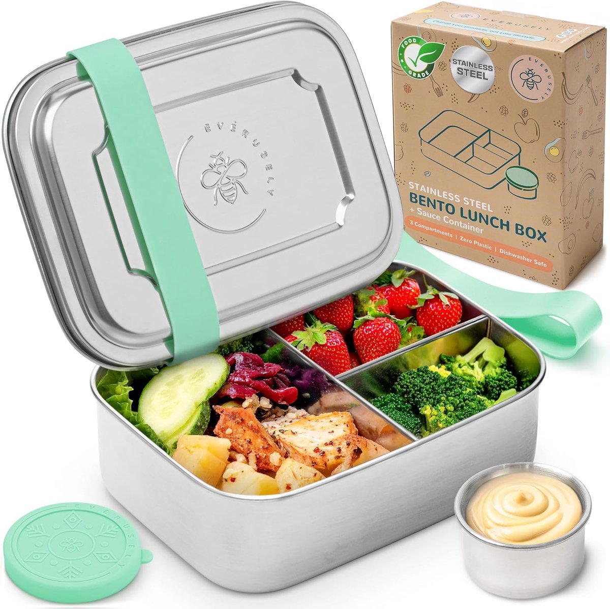 SnelShoppen - Bento Box voor Kinderen - 1,1 L RVS Lunchbox met Lekvrije Sauscontainer en 3-vaks Snackcontainer - Ideaal voor School, Picknick, Camping