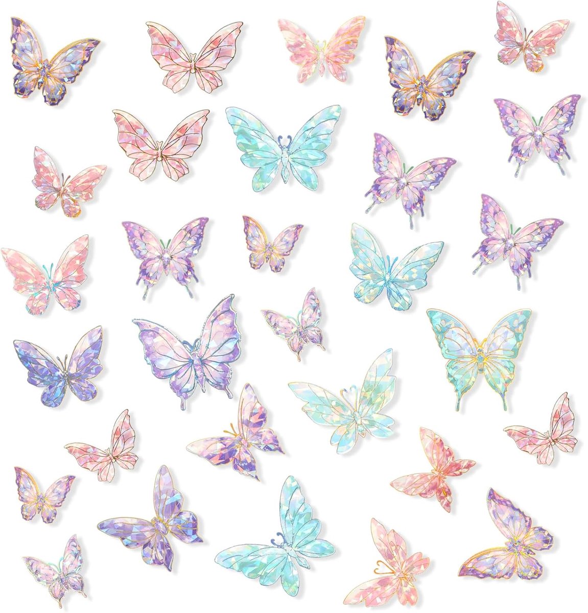 Thijox - 80 stuks holografische glittervlinderstickers voor meisjes, waterdichte vlinderdecoratie voor scrapbooking, dagboeken, telefoonhoezen, 17,5 x