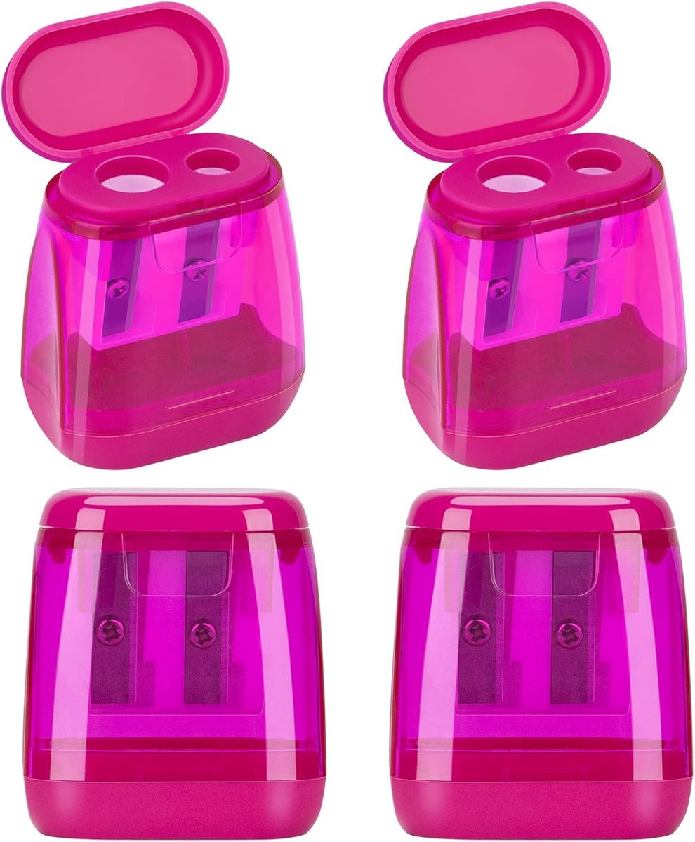 Thijox - Puntenslijper met Reservoir Set van 4, Dubbele Gaten, Perfect voor Dikke en Dunne Potloden, Fuchsia, Ideaal voor Kinderen en Kantoorgebruik