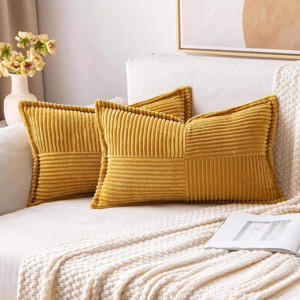SnelShoppen - Set van 2 Corduroy Kussensloop - Zachte Velours Decoratieve Kussens - Moderne Hoofdkussens voor Bank en Bed - Turmeric 30 x 50 cm