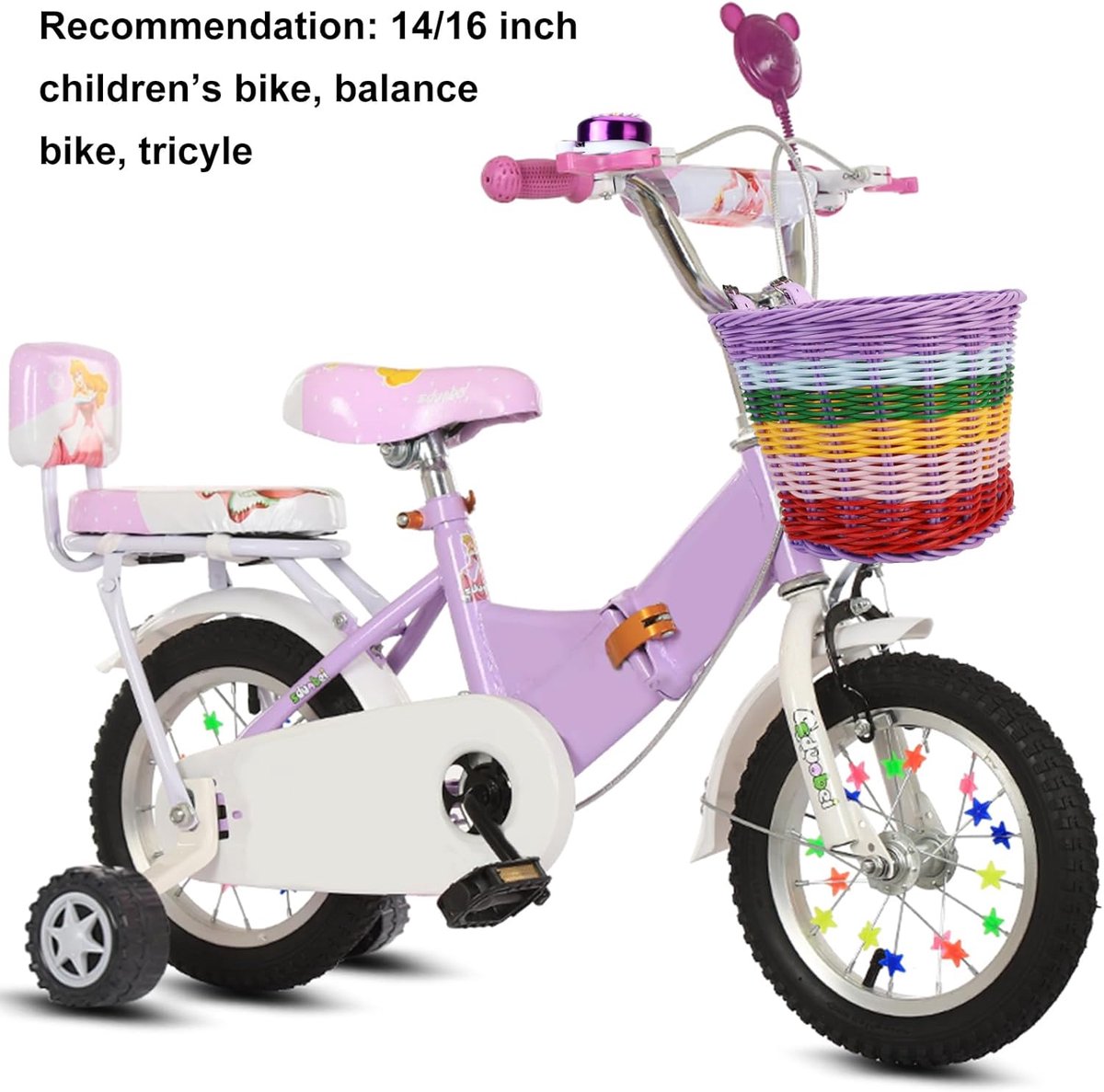SnelShoppen - Kinderfiets Accessoire Set - Fietsmand, Fietsbel, Handvat Streamers & Spaakparels - Meisjes Fietsdecoratie in Paars Roze - Voor Speelple