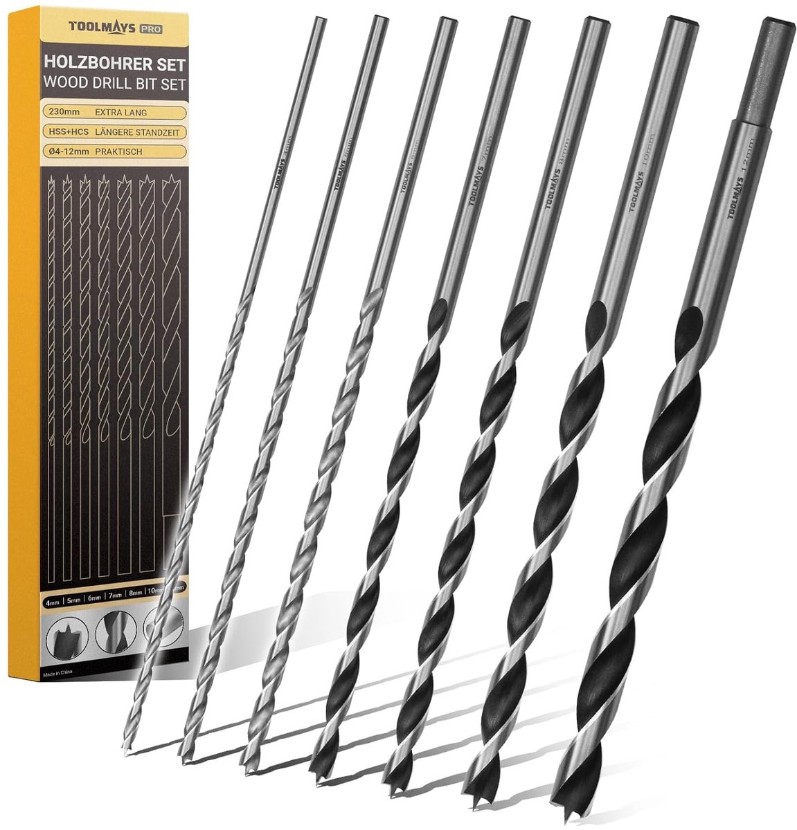 SnelShoppen - Houtboor Set Lang, 7-delige Houtboor Set 4mm tot 12mm x 230mm, Langsnijdende Hout Twist Boor met Centreerpunt voor Zacht- en Hardhout