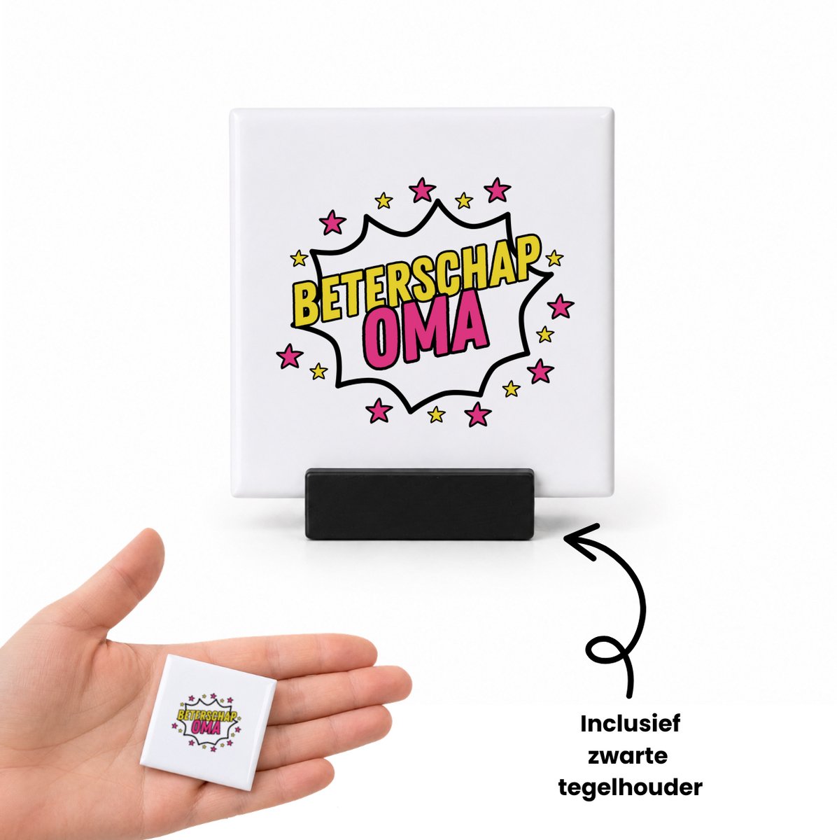 Hacebo Beterschap oma tegeltje met tegelhouder - een oma die ziek is of iets gebroken heeft - tegeltjes met tekst - cadeau voor zieke oma - ziek - koorts - snel beter worden - cadeau - beterschap cadeau - kado - gift - spreuktegels - 4.8x4.8 CM Wit