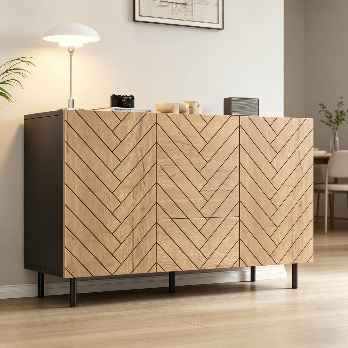 Wishdor - Dressoir - 3 lades en 2 deuren - modern sideboard - woonkamer - houtlook en bewerkt hout - zwart en houtkleur - 120 x 40 x 76 cm