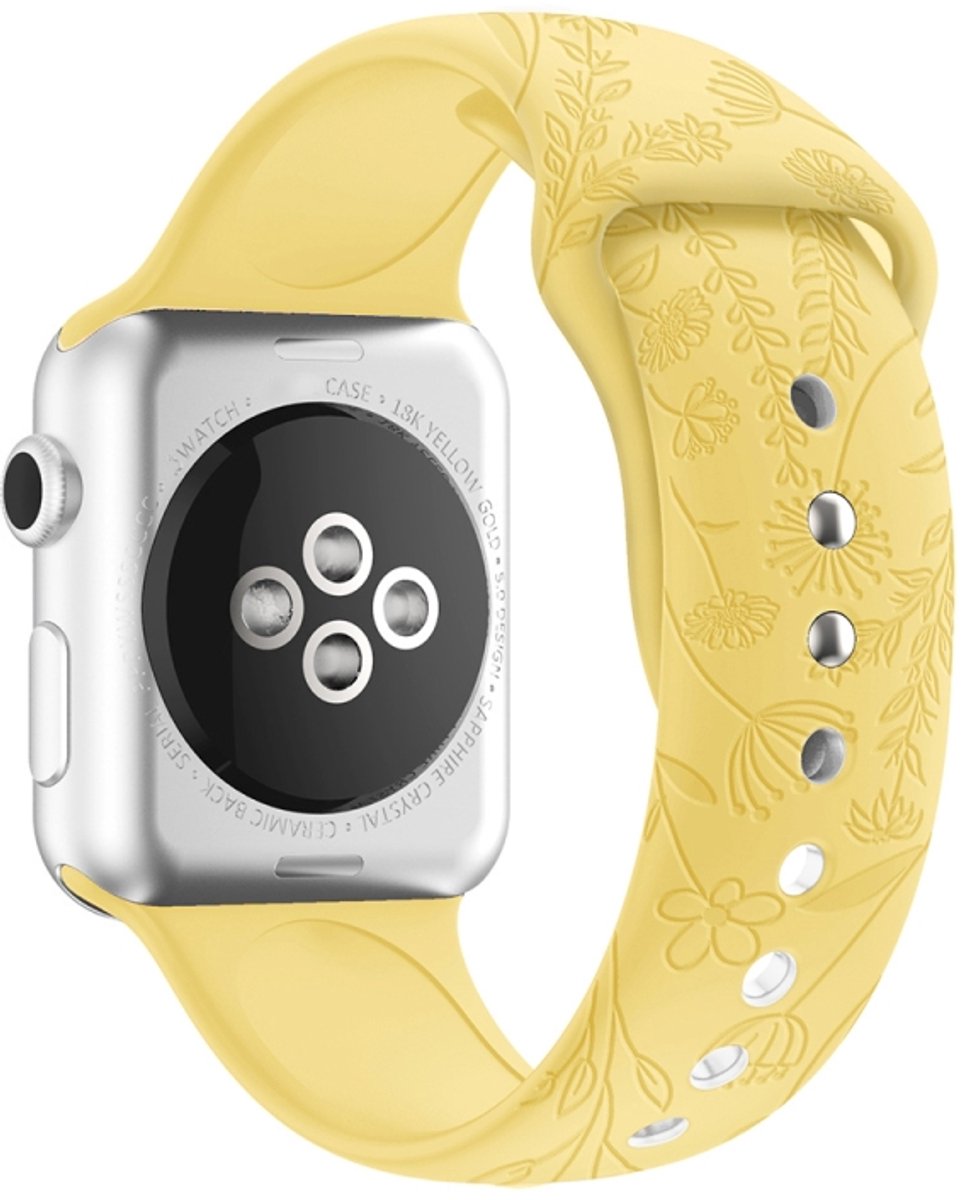 Butterflies Love Flower Embossing Silicone Watchband voor Apple Watch Series 7 41mm / 6 & SE & 5 & 4 40mm / 3 & 2 & 1 38mm (lichtgeel)