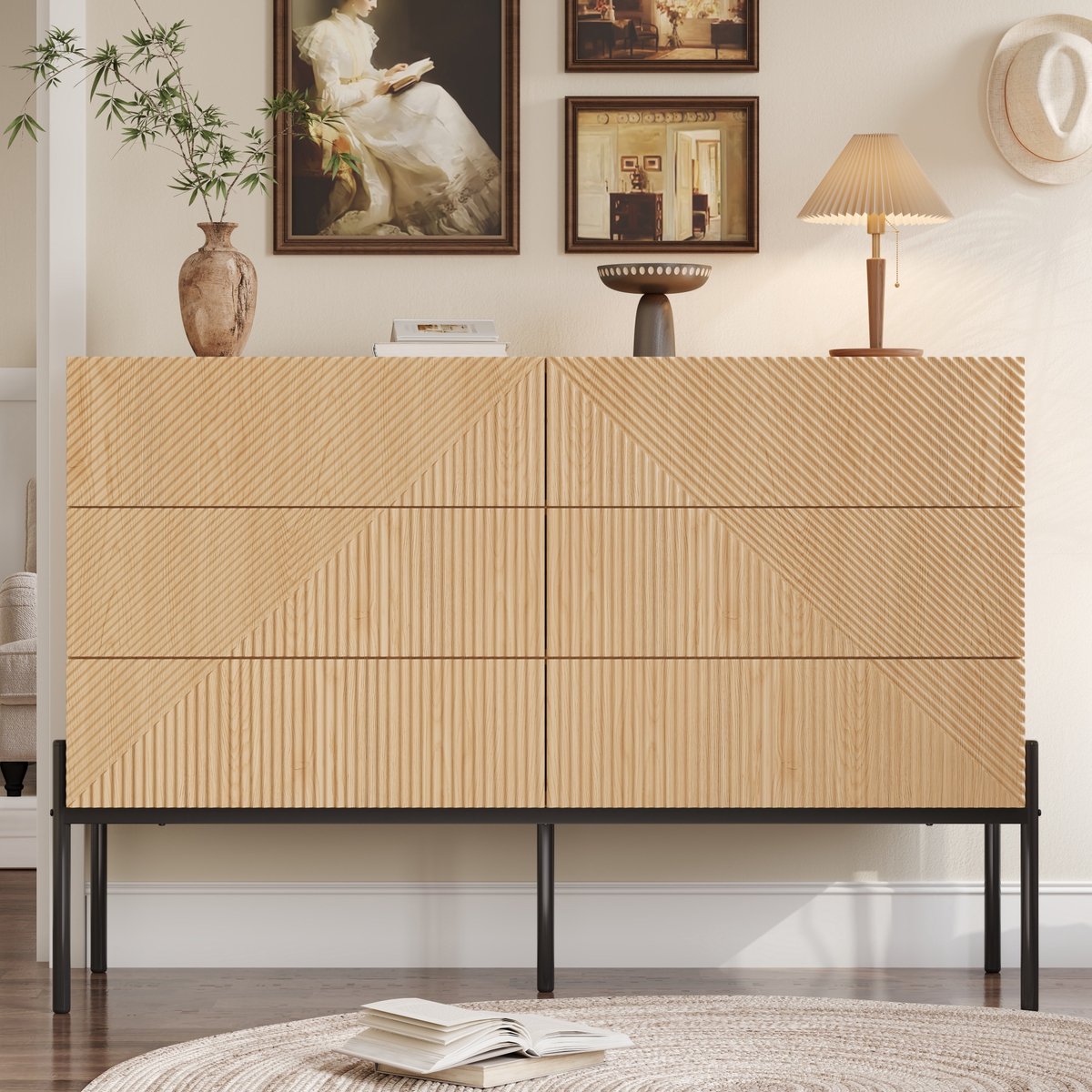 Wishdor - Dressoir - 3D-textuur - 6 lades en brede opbergruimte - Design stijl - Woonkamer of eetkamer - Houtlook en ijzer - Naturel - 115,5 x 38 x 75 cm