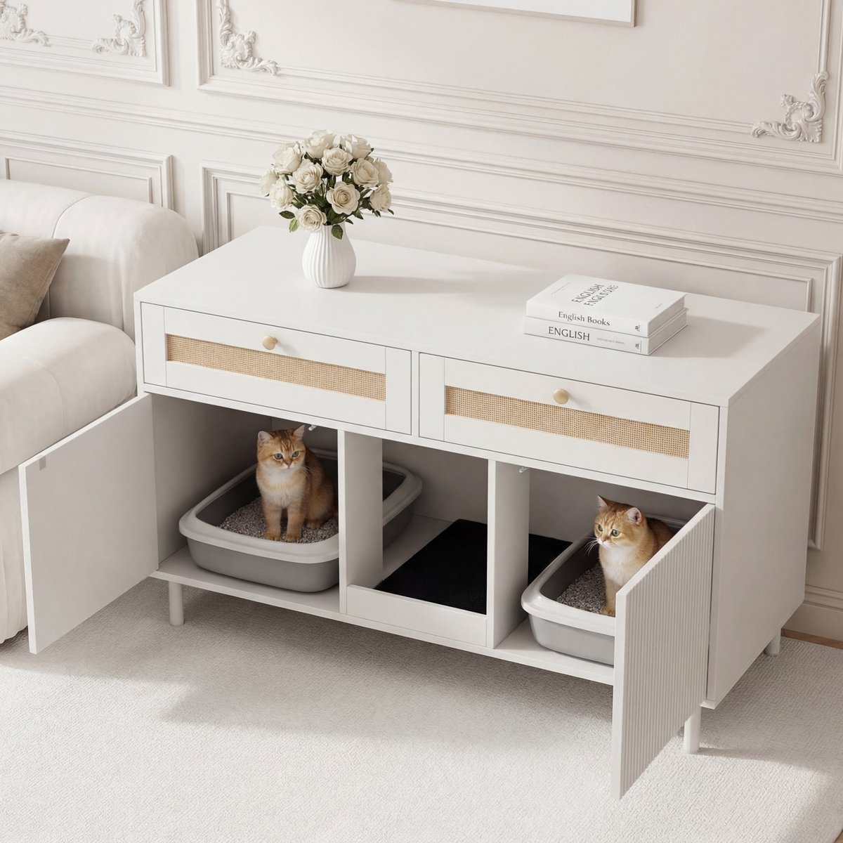 Kattenbakmeubel met kattenbakmat en rieten lade - Voorkomt verspreiding van kattenbakvulling - Biedt extra opbergruimte - Geschikt als sideboard of tv-meubel - Witte kleur - Afmetingen 120x50x65 cm