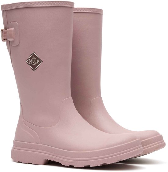 Roze rubberen laarzen, met gespen aan de zijkant en Muck-logo.