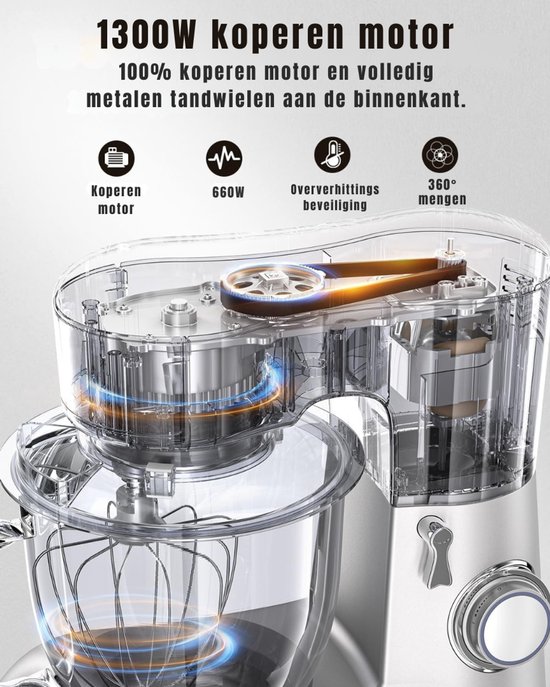 KAD® Deegmachine - Elektrische Deegmixer - Keukenmixer - Zilver - 35cm x 22cm x 33cm van Kad — afbeelding 3